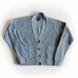 GAP Sweater Cardigan Mens Large Gray Cotton Chunky Knit Button Front Pockets